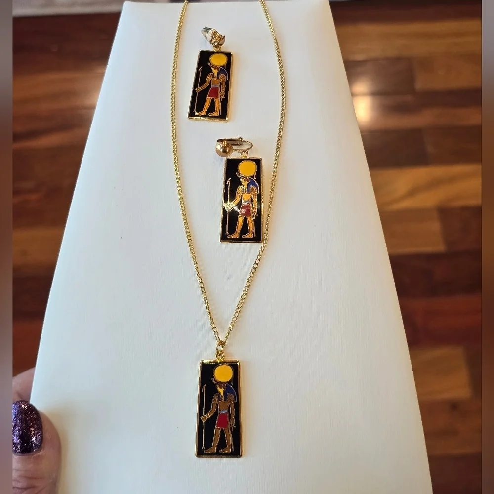 ERM Egyptian Revival Jewelry Black Enamel Goldtone Earring Necklace Set